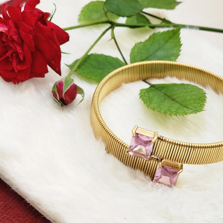 Gold Cuff Snake Bracelet Featuring Two Square Light Pink Gemstones