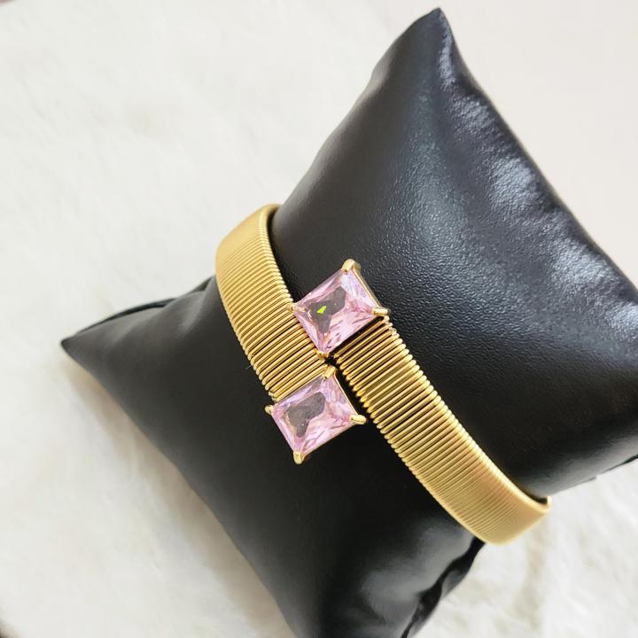 Gold Cuff Snake Bracelet Featuring Two Square Light Pink Gemstones