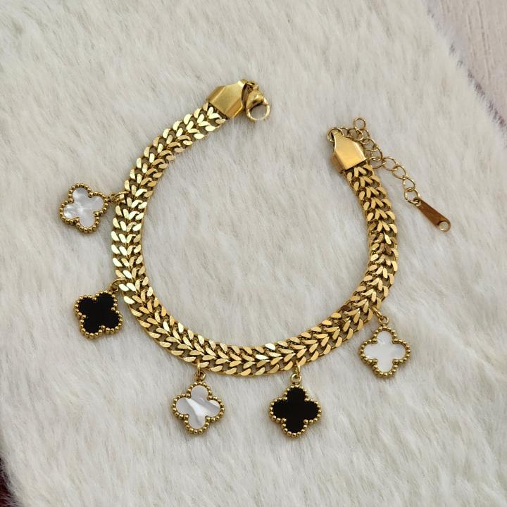 Iconic Black & White Clover Motif Charms Gold Bracelet