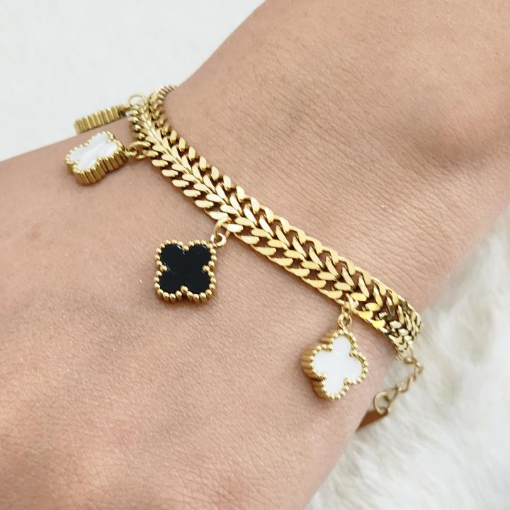 Iconic Black & White Clover Motif Charms Gold Bracelet
