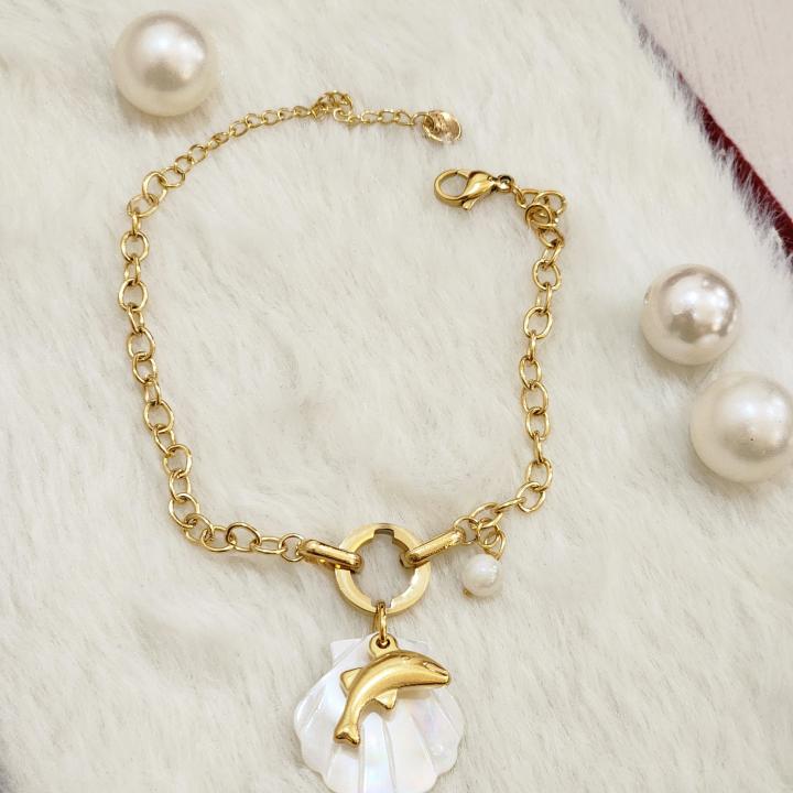Gold Plated Chain Bracelet With Dolphin & Seashell Charms