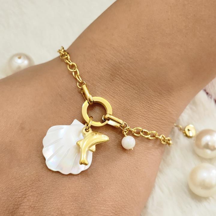 Gold Plated Chain Bracelet With Dolphin & Seashell Charms