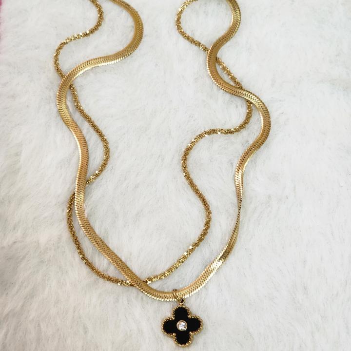 Elegant Gold-Plated Layered Necklace with Black Clover Pendant