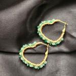 Heart Shaped Hoop Earrings Featuring Series Of Green Beads & Crystals Wrapped With Gold Wire