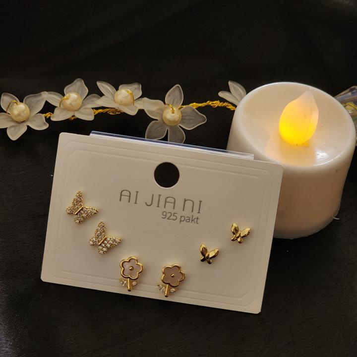 Butterfly & Flower Designed Earrings Embellished With Gemstones ( Set Of 3 )