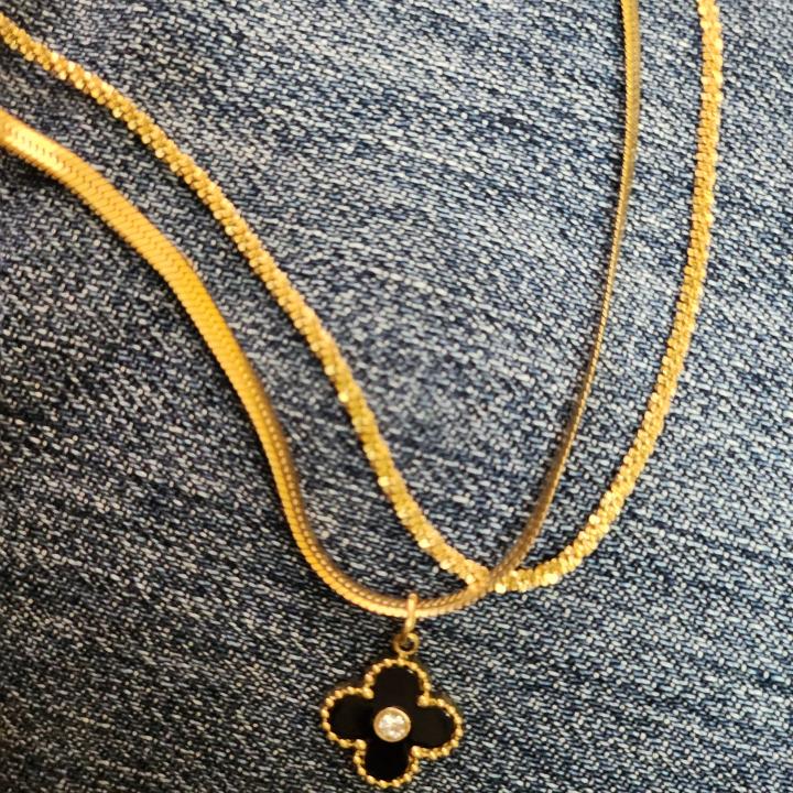 Elegant Gold-Plated Layered Necklace with Black Clover Pendant
