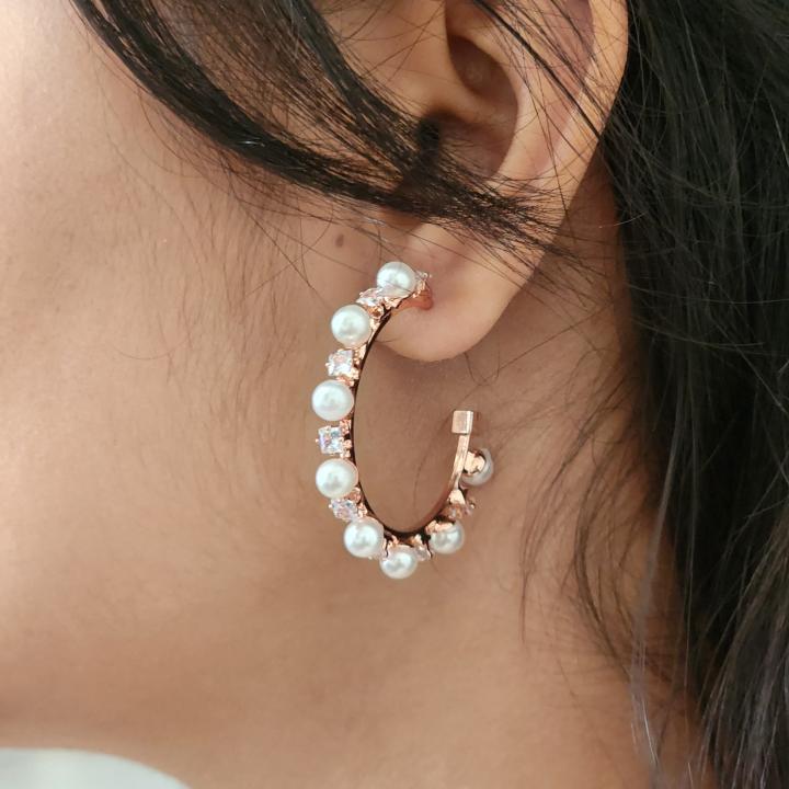 Rose Gold Diamond & Pearls Hoops