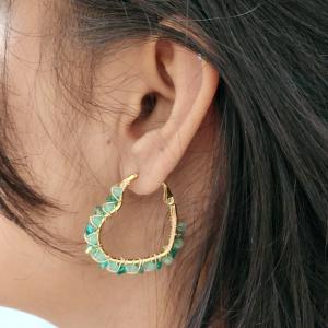 Heart Shaped Hoop Earrings Featuring Series Of Green Beads & Crystals Wrapped With Gold Wire