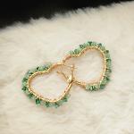 Heart Shaped Hoop Earrings Featuring Series Of Green Beads & Crystals Wrapped With Gold Wire
