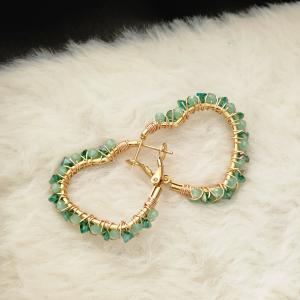Heart Shaped Hoop Earrings Featuring Series Of Green Beads & Crystals Wrapped With Gold Wire