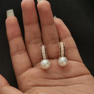 Elegance Pearl Drop Hoops – Rose Gold & Zircon Baguette Earrings