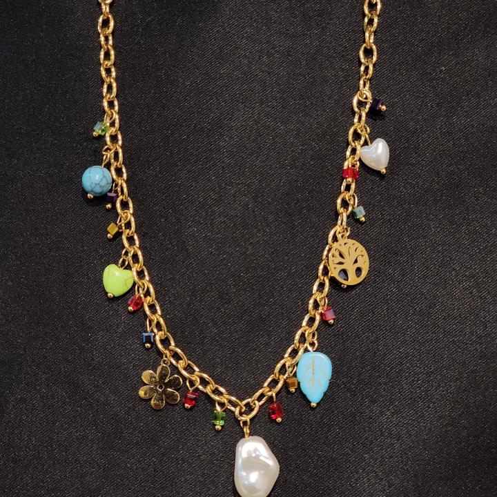 Bohemian Charm Gold Chain Necklace with Semi-Precious Stones & Pearl Drop