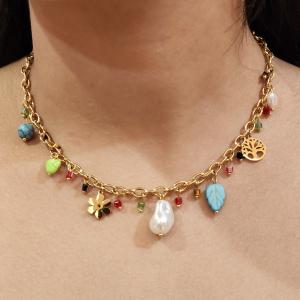 Bohemian Charm Gold Chain Necklace with Semi-Precious Stones & Pearl Drop