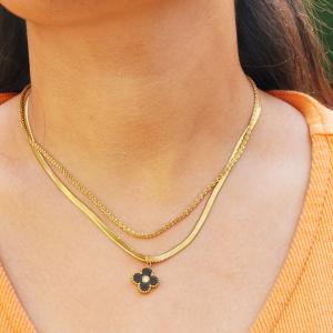 Elegant Gold-Plated Layered Necklace with Black Clover Pendant